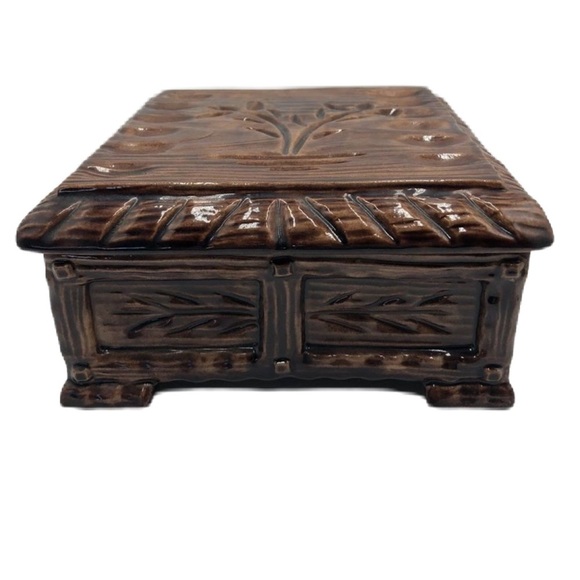 Vintage Mid Century 1970s Pottery Ceramic Brown Square Box With Lid Wood Look - Picture 1 of 13